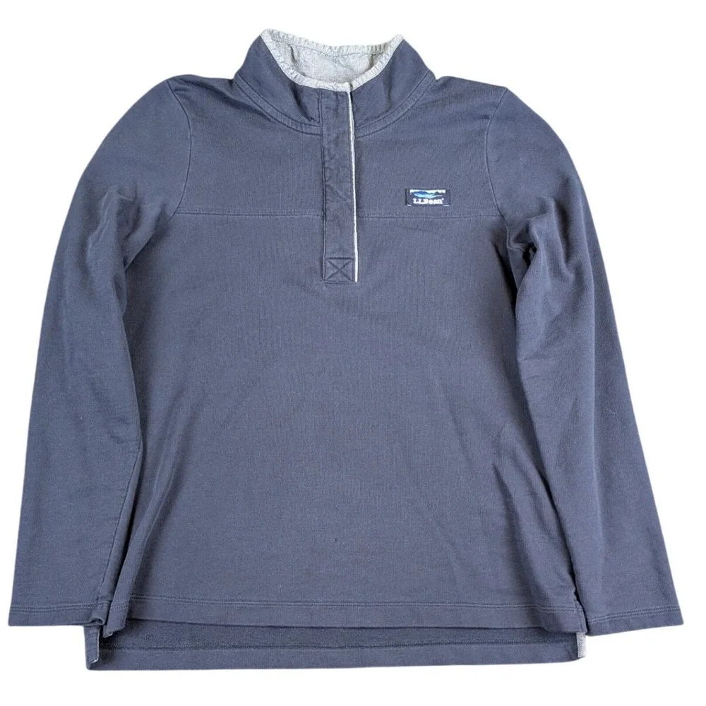LL Bean Mens‎ M Navy Blue 100% Cotton Quarter Button Mock Neck Pullover 501541